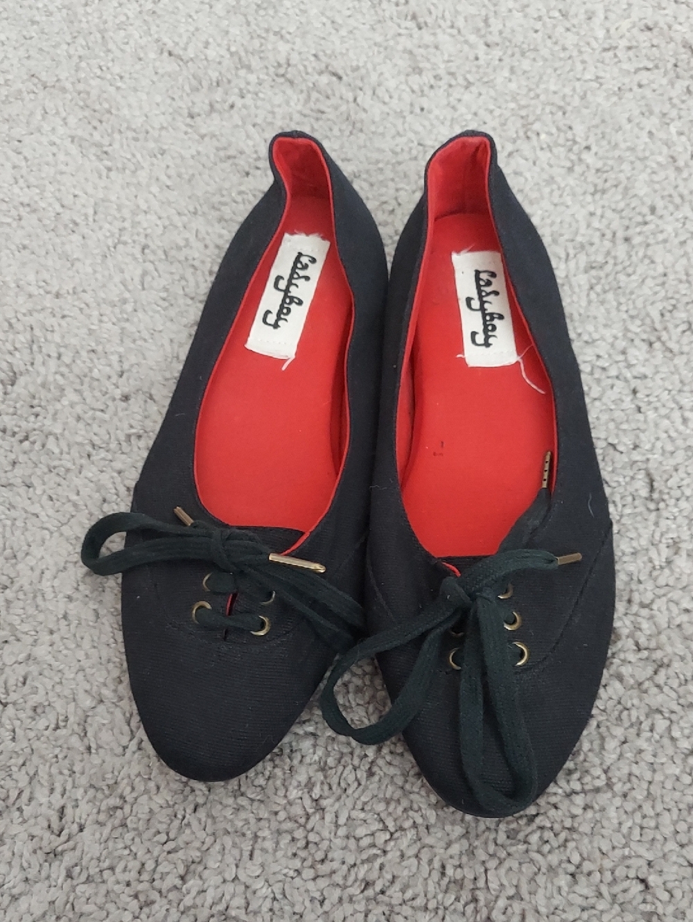 Vintage Black Lace-Up Ballet Flats with Red Insole